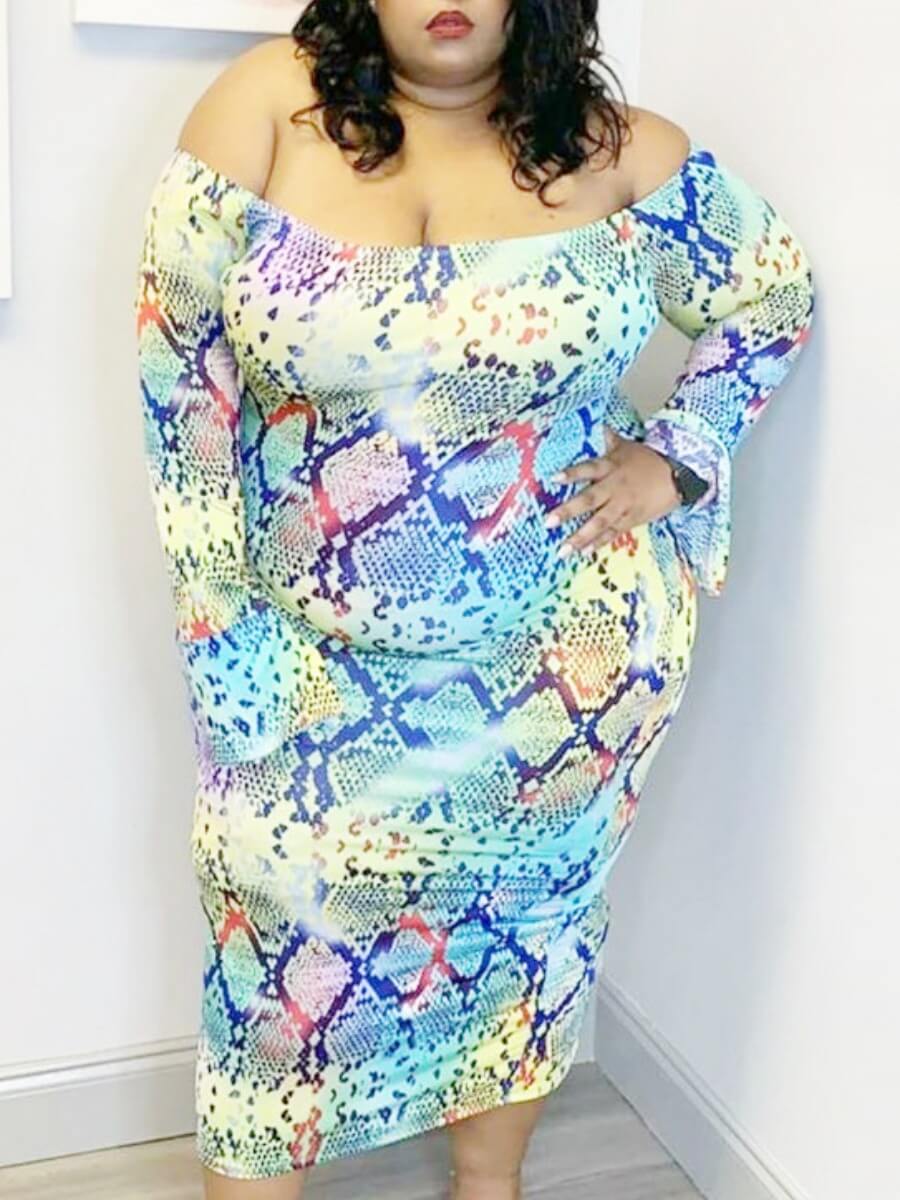 

Lovely Stylish Dew Shoulder Print Multicolor Mid Calf Plus Size Dress, Multi