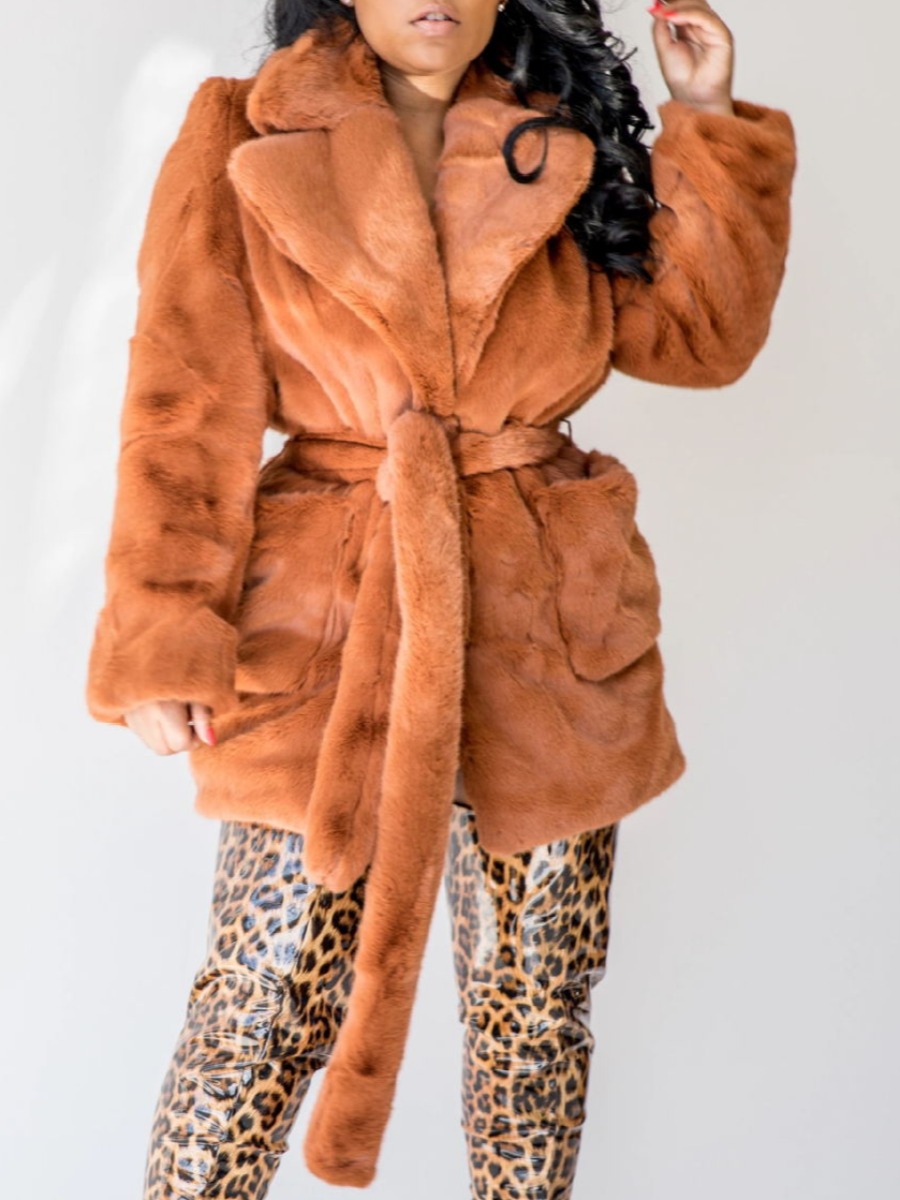 

lovely Stylish Turndown Collar Pocket Patched Brown Faux Fur