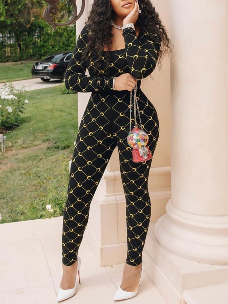 

Lovely Street Square Collar Print Skinny Black One-piece Jumpsuit