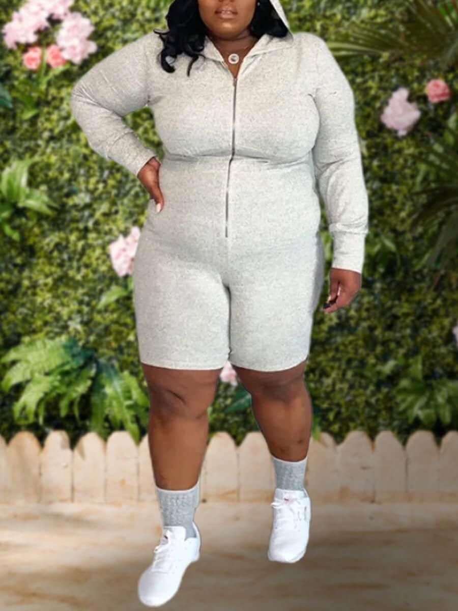 

Lovely Casual Hooded Collar Zipper Design Light Grey Plus Size One-piece Romper