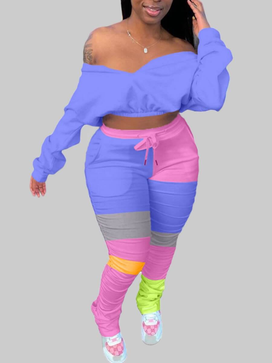 

LW Plus Size Color-lump Fold Design Pants Set, Blue