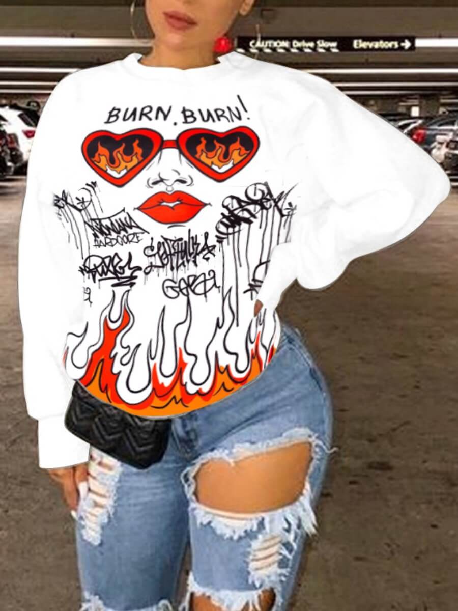 

Lovely Leisure O Neck Print White Hoodie