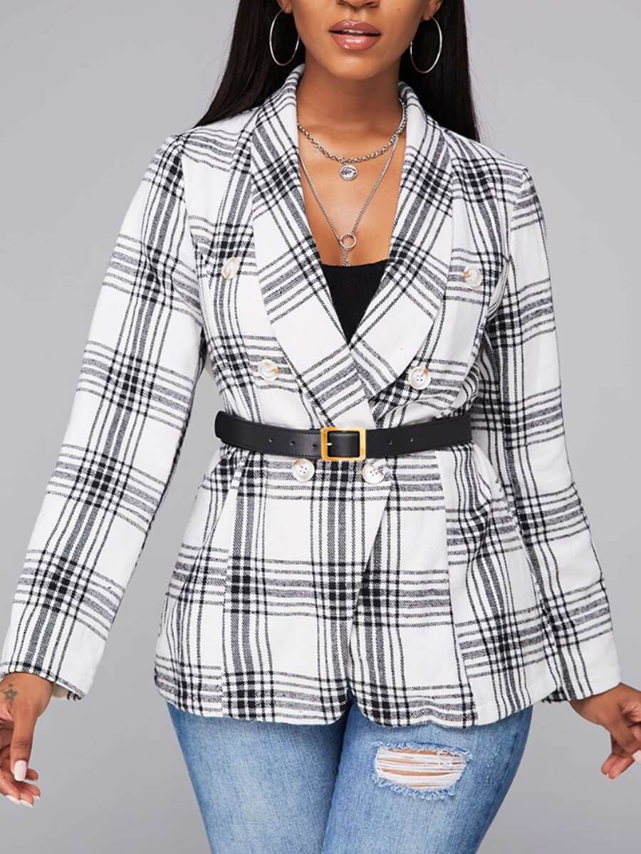 

Lovely Stylish Turndown Collar Grid Print White Blazer