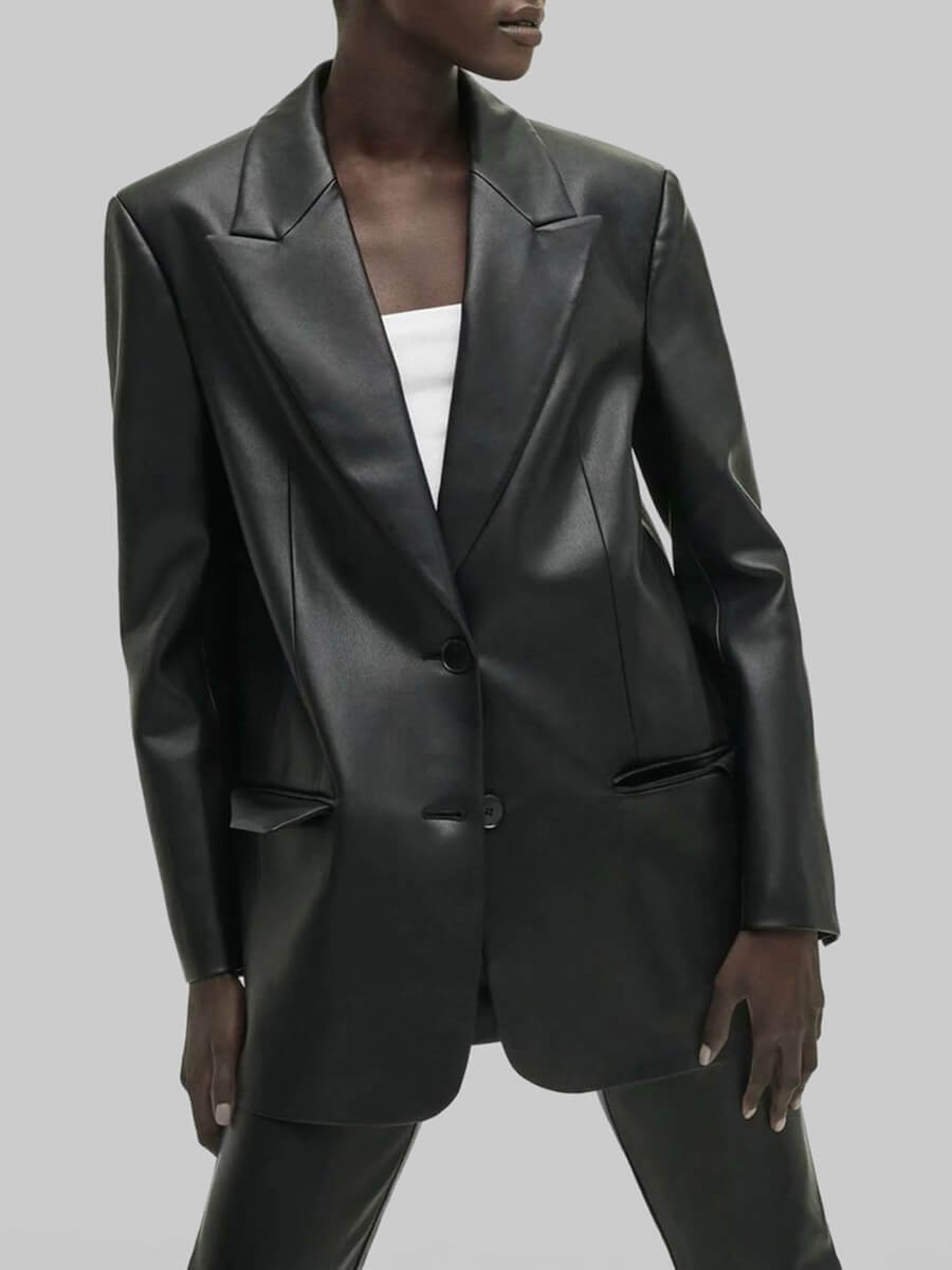

Lovely Trendy Turndown Collar Basic Loose Black Leather
