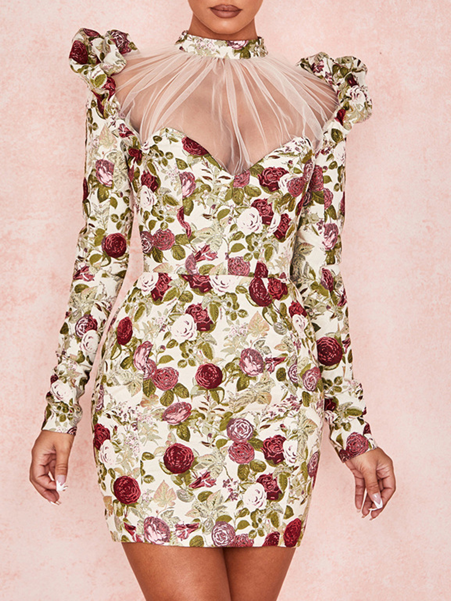 

Lovely Stylish Mandarin Collar Patchwork Floral Print White Mini Dress