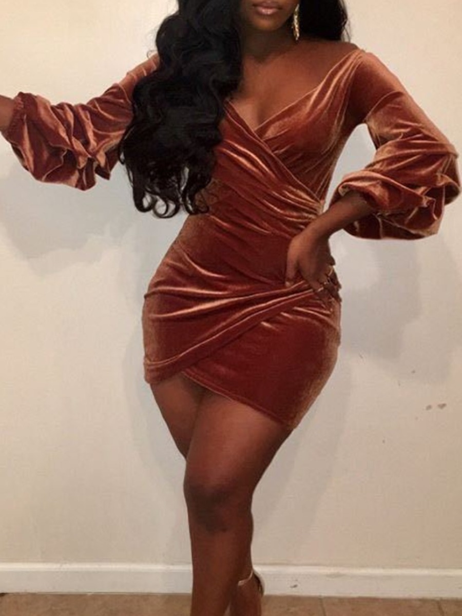 

Lovely Trendy V Neck Fold Design Asymmetrical Brown Mini Dress