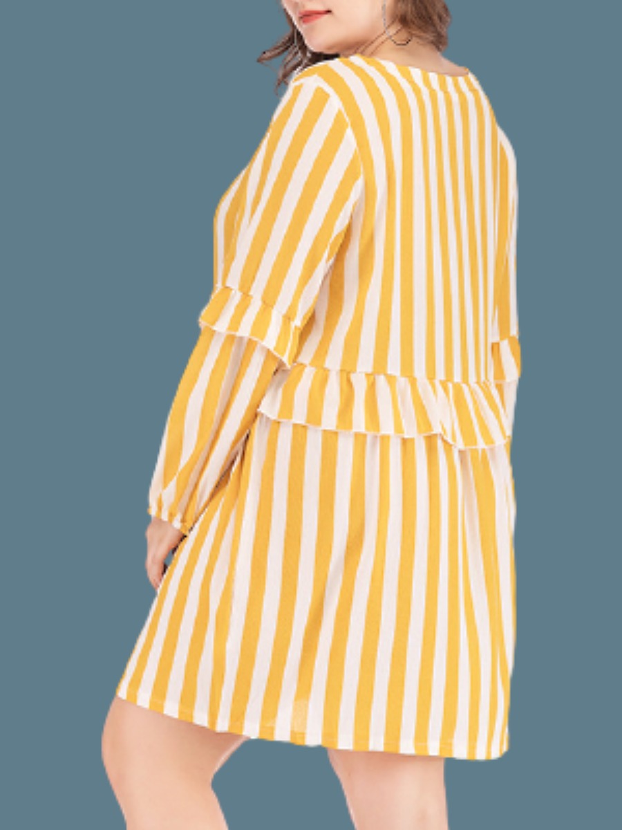 Lovely Casual O Neck Striped Yellow Knee Length Dress