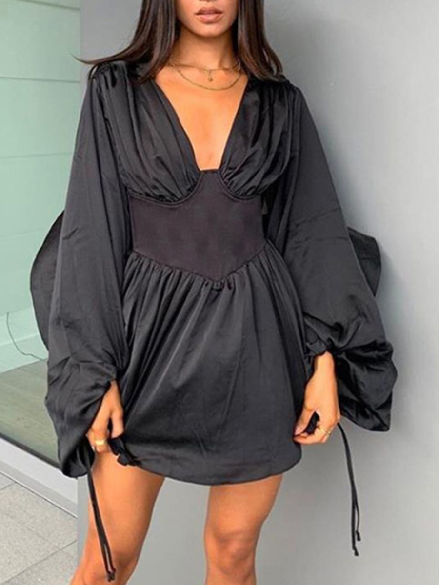 

Lovely Stylish Deep V Neck Fold Design Patchwork Black Mini Dress