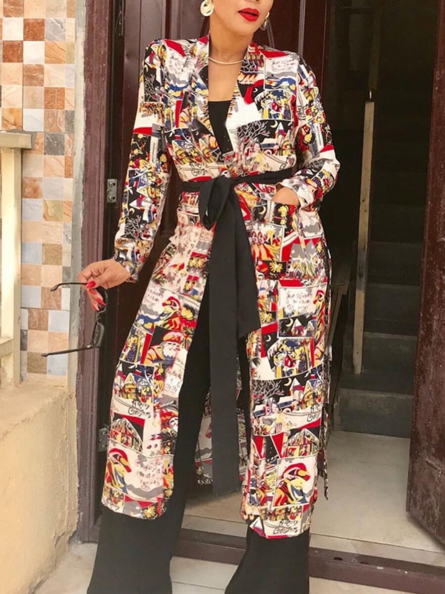 

Lovely Street Turndown Collar Print Multicolor Long Coat, Multi
