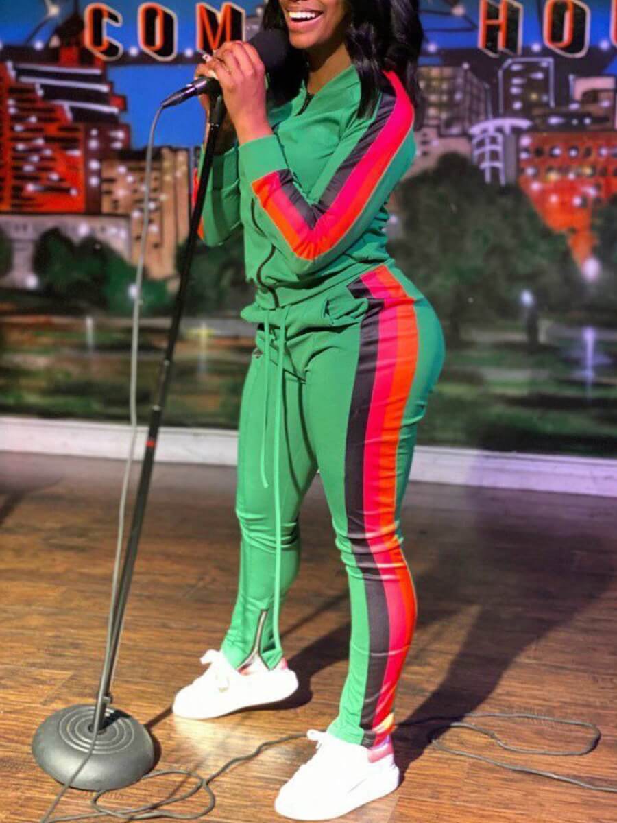 

LW Sportswear Patchwork Zipper Design Green Two Piece Pants Set