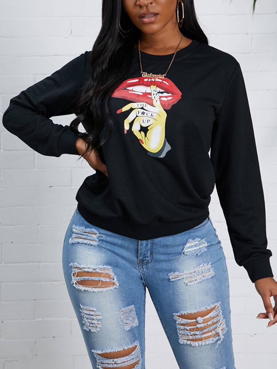

Lovely Casual O Neck Lip Print Black Hoodie