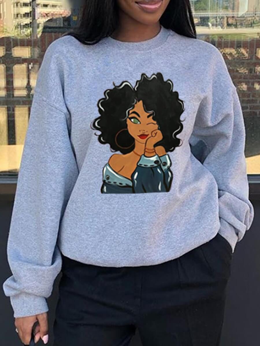 

Lovely Casual O Neck Print Loose Grey Hoodie