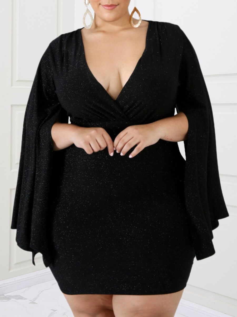 

Lovely Sexy Deep V Neck Black Knee Length Plus Size Dress