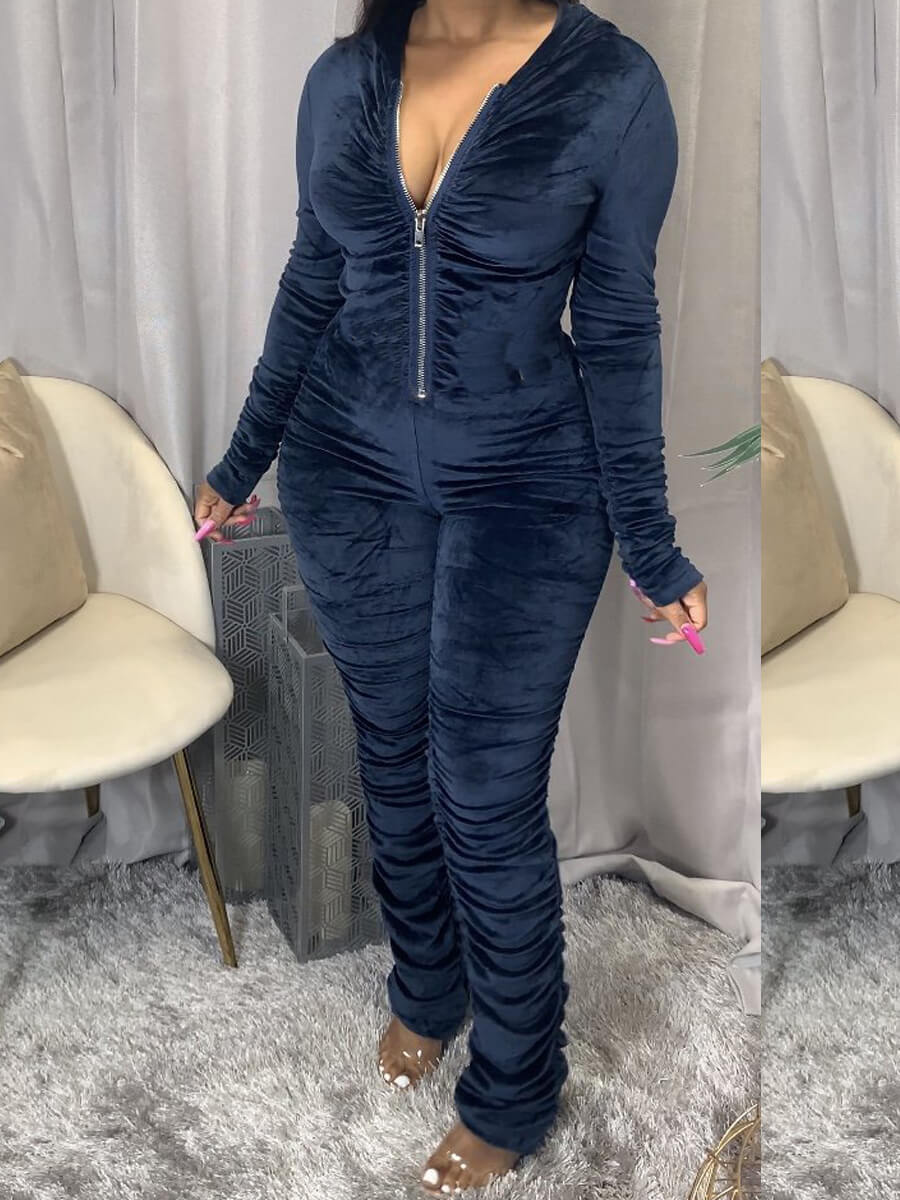 

LW Sportswear Hooded Collar Fold Design Blue One-piece Jumpsuit