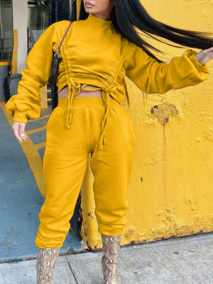 

Lovely Casual Turtleneck Drawstring Yellow Two Piece Pants Set