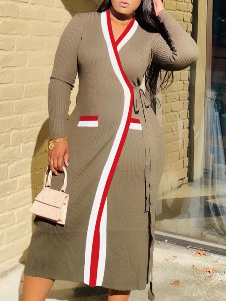 

Lovely Casual V Neck Patchwork Lace-up Khaki Coat