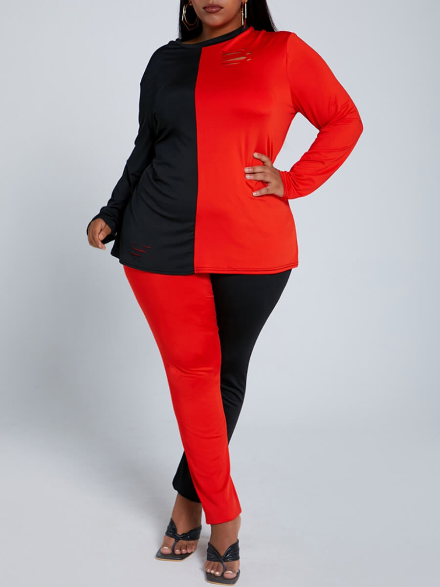 

Lovely Casual O Neck Patchwork Red Plus Size Two-piece Pants Set