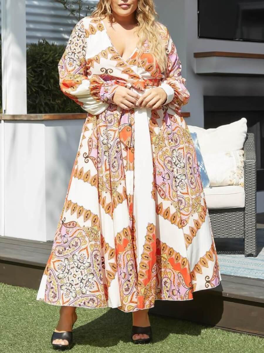 

Lovely Stylish Deep V Neck Versace Print Orange Maxi Plus Size Dress