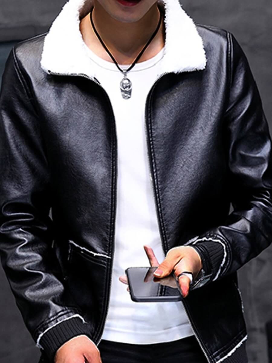 

Lovely Casual Turndown Collar Zipper Design Black Men Leathe