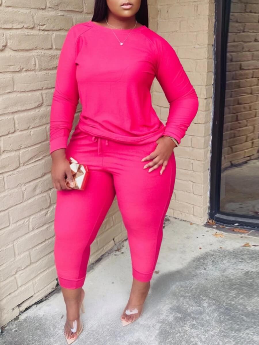 

Lovely Casual O Neck Basic Rose Red Plus Size Two-piece Pants Set