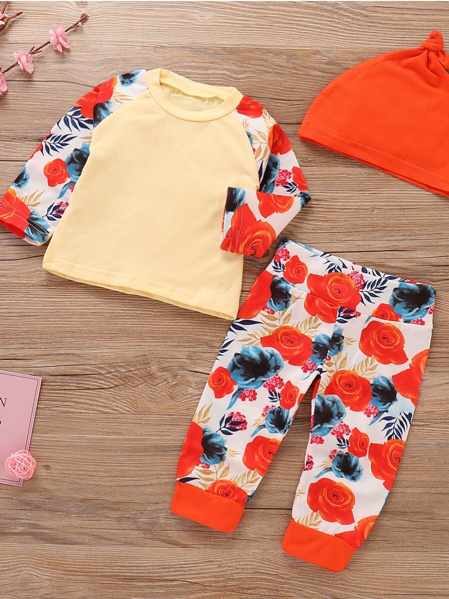 

Lovely Sweet O Neck Print Patchwork Yellow Girl Two-piece Pants Set
