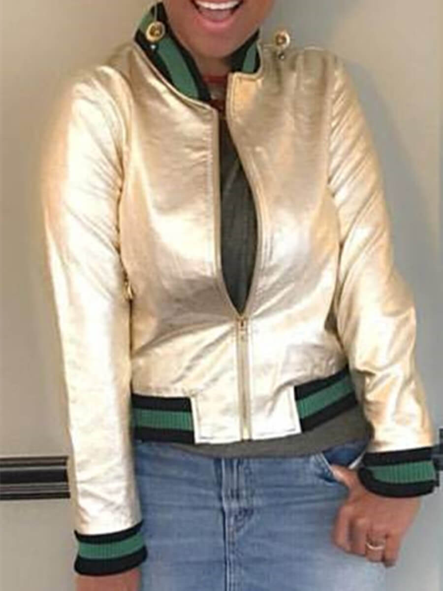 

Lovely Casual Patchwork Zipper Design White Coat