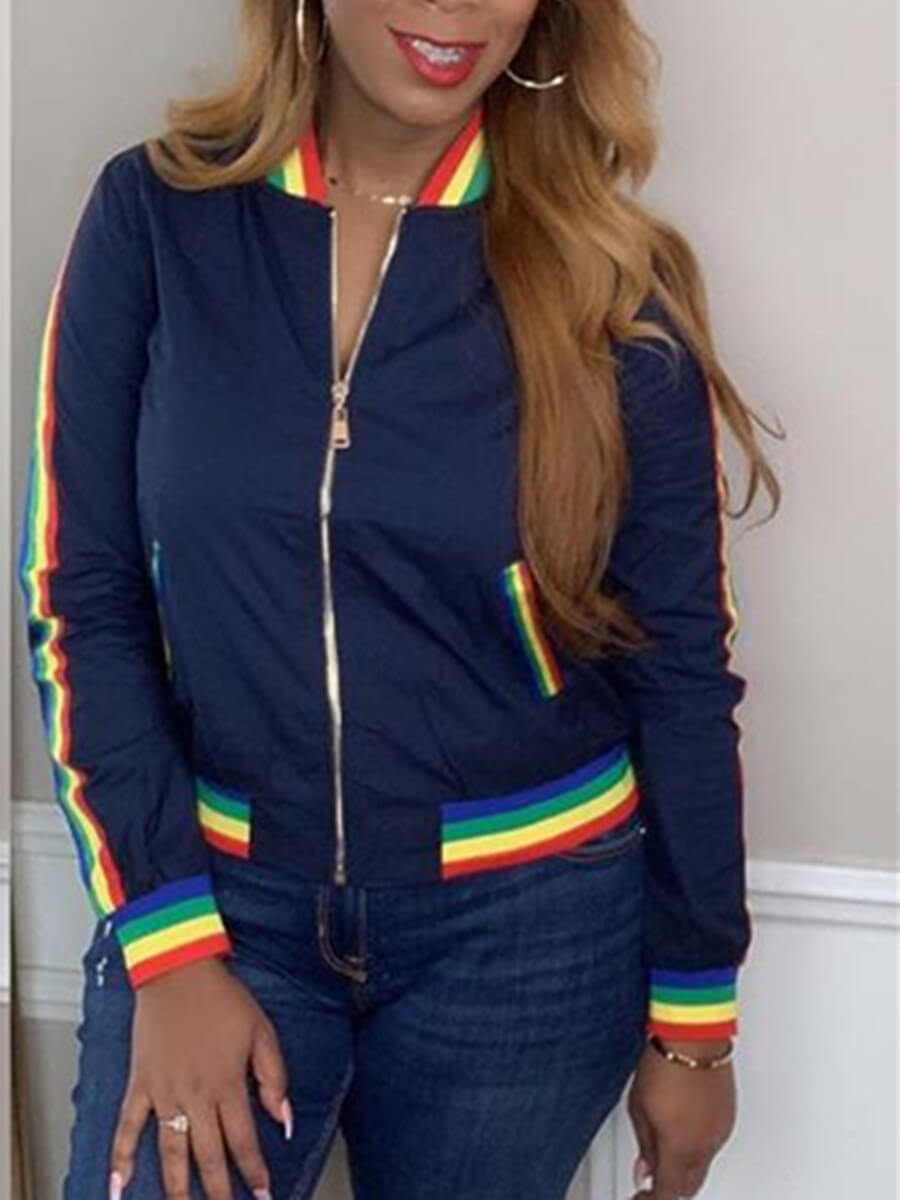 

Lovely Casual Patchwork Zipper Design Deep Blue Coat