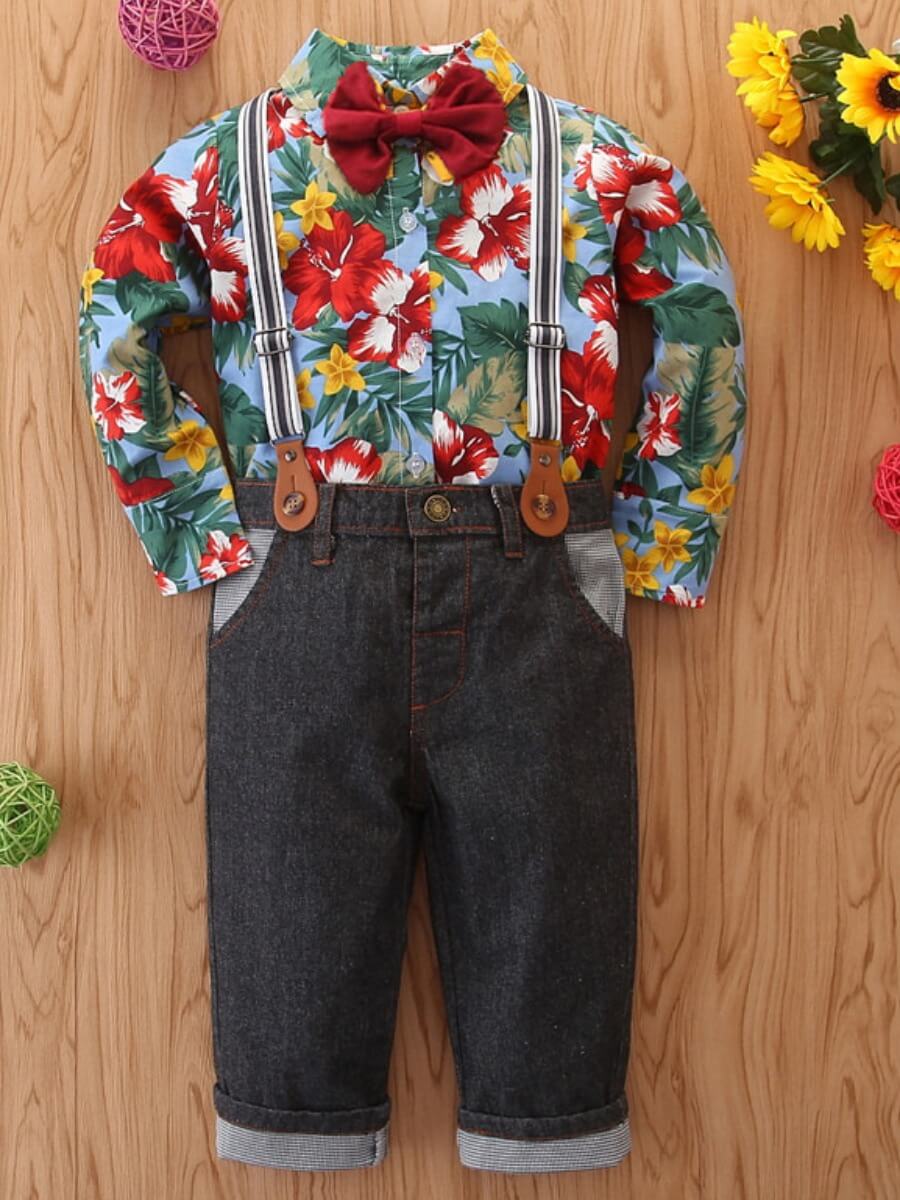 

Lovely Stylish Shirt Collar Floral Print Baby Blue Boy Two-piece Pants Set