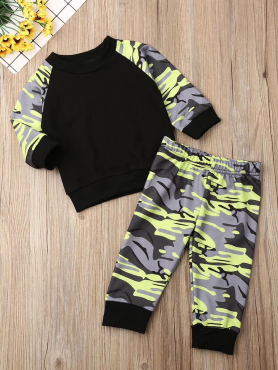 

Lovely Sportswear Hooded Collar Camo Print Patchwork Black Boy Two-piece Pants Set