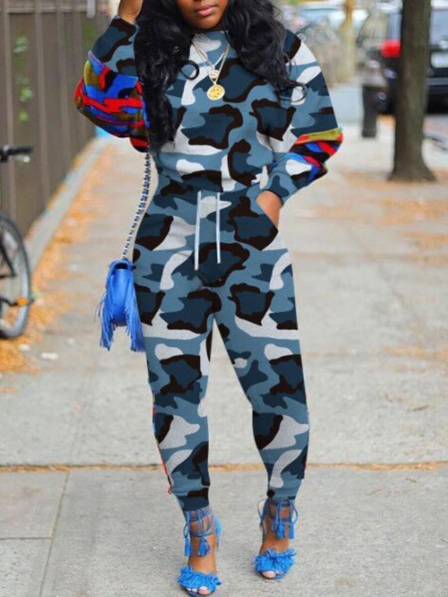 

Lovely Street O Neck Camo Print Blue Two Piece Pants Set