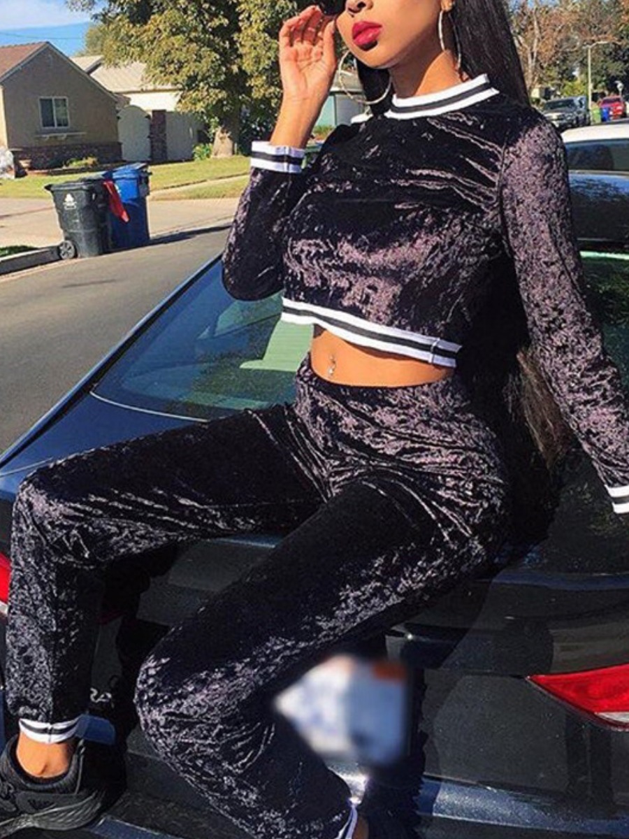 

Lovely Sportswear O Neck Patchwork Black Two Piece Pants Set