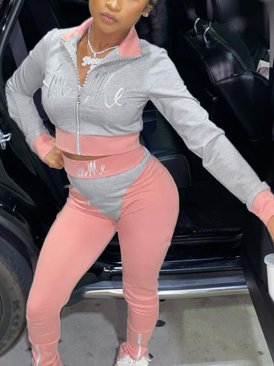 

Lovely Sportswear Turndown Collar Letter Print Patchwork Grey Two Piece Pants Set