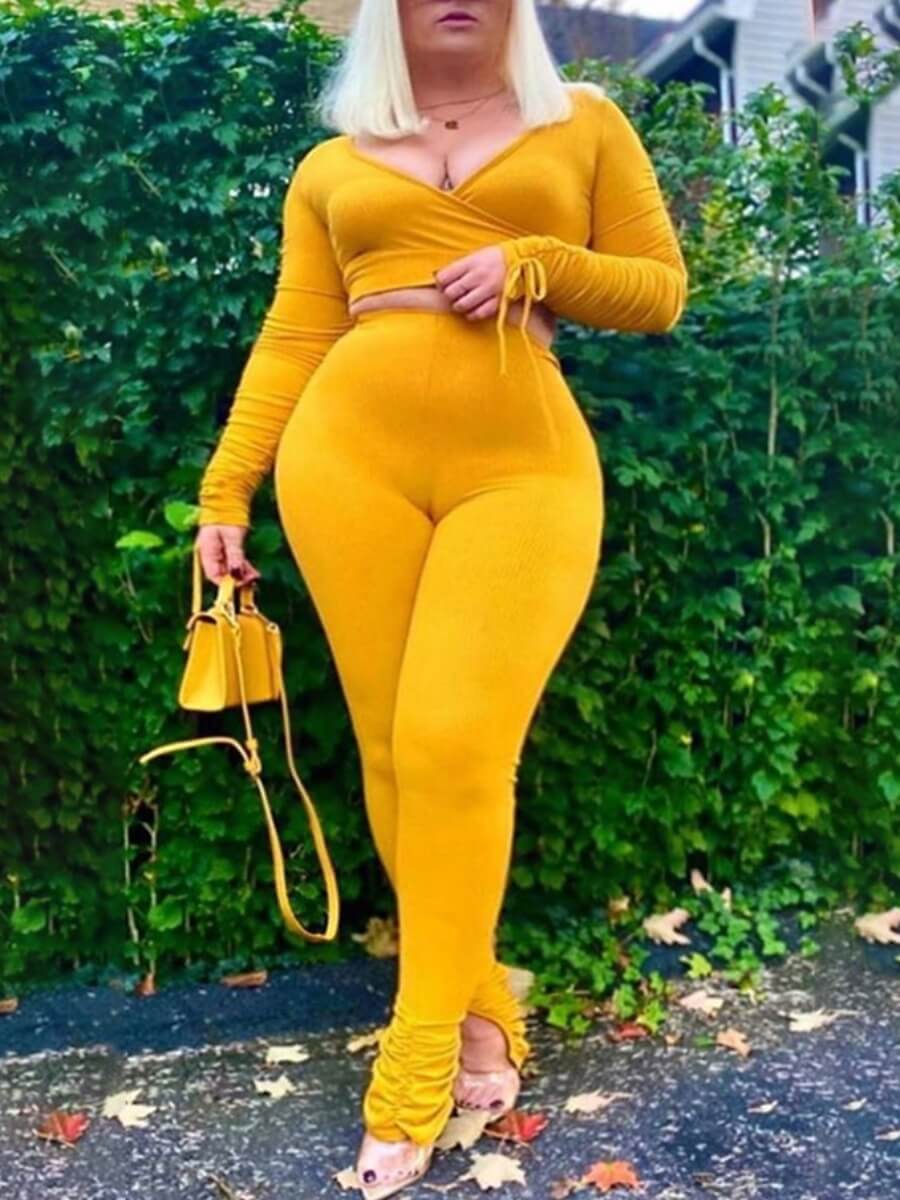 

Lovely Leisure V Neck Fold Design Yellow Two Piece Pants Set