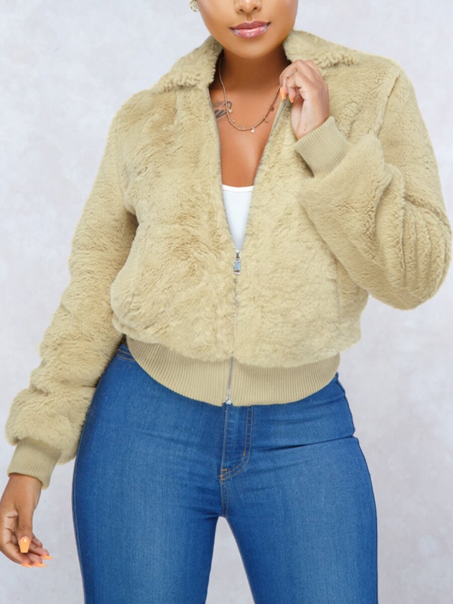 

Lovely Casual Turndown Collar Zipper Design Apricot Faux Fur
