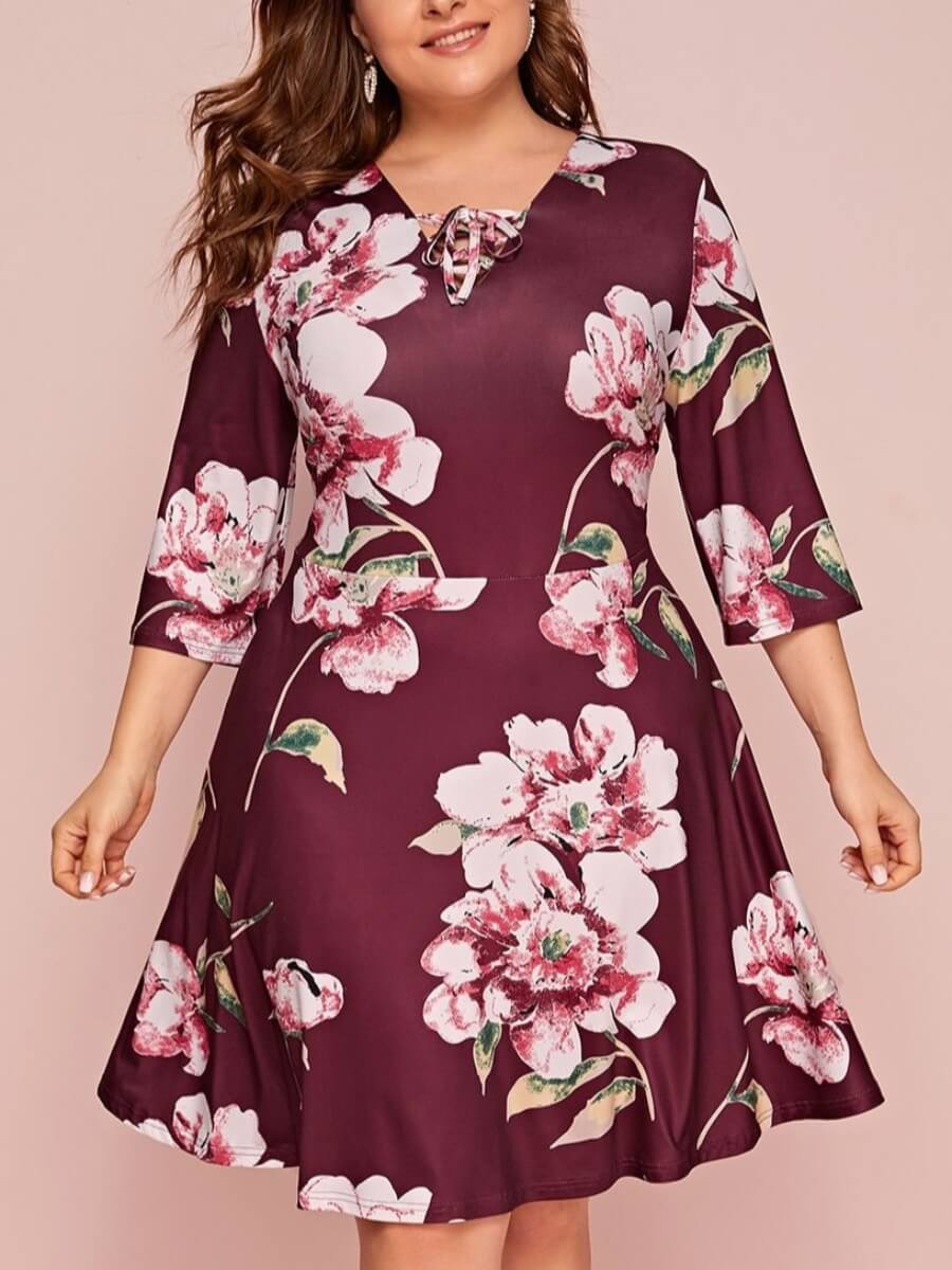 

Lovely Sweet V Neck Plants Print Wine Red Knee Length Dress