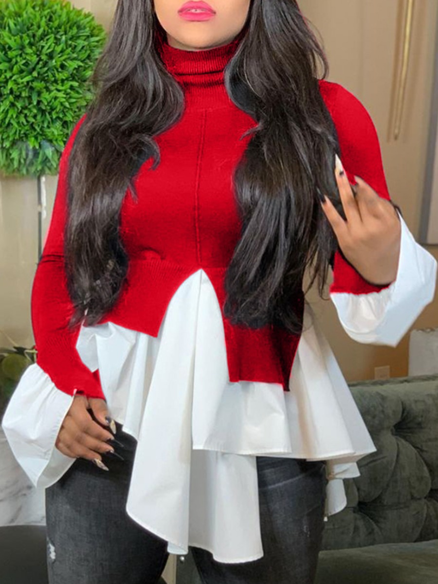 

Lovely Stylish Turtleneck Flounce Design Patchwork Wine Red Blouse
