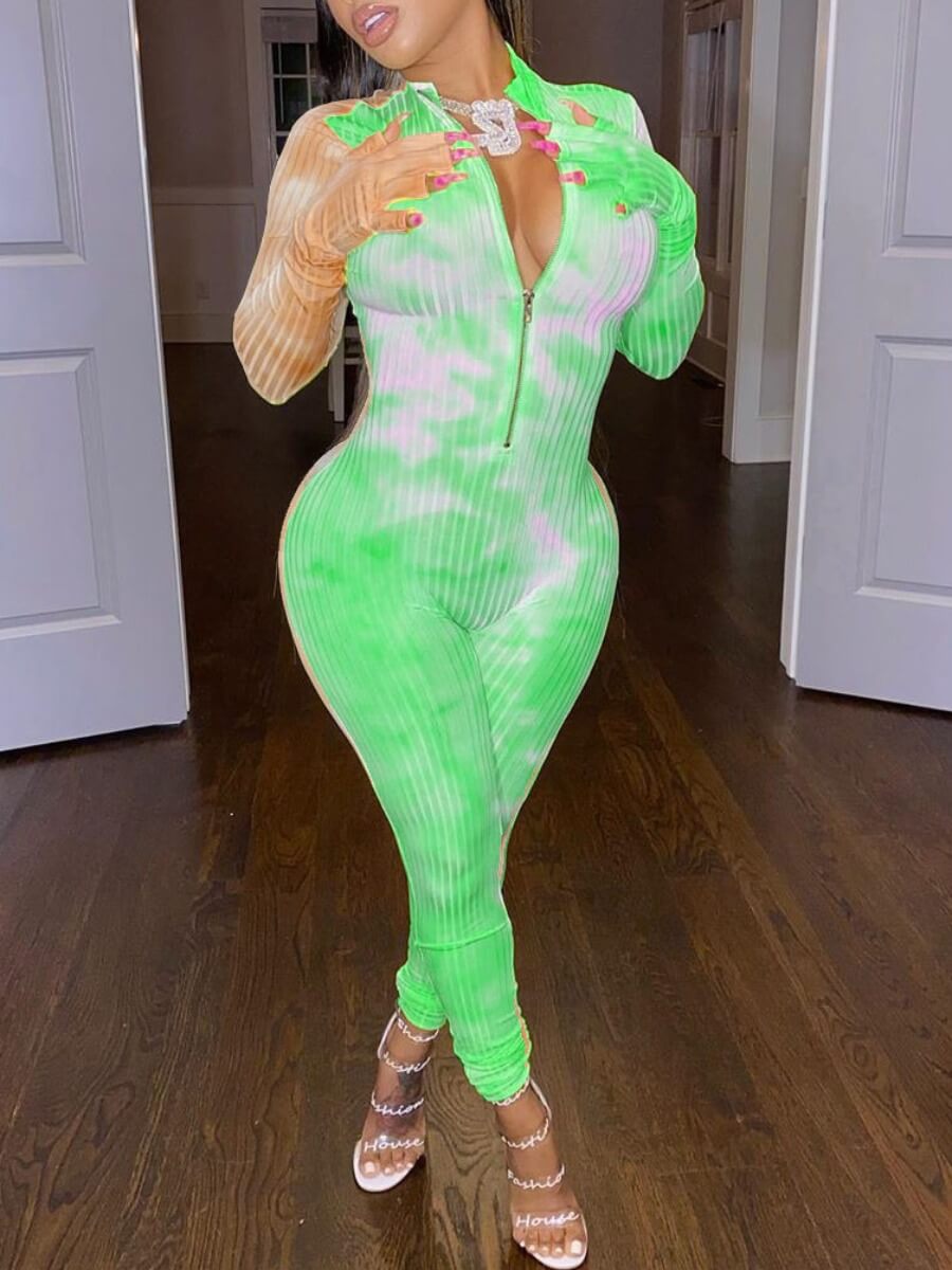 

Lovely Trendy Zipper Design Tie-dye Green One-piece Jumpsuit