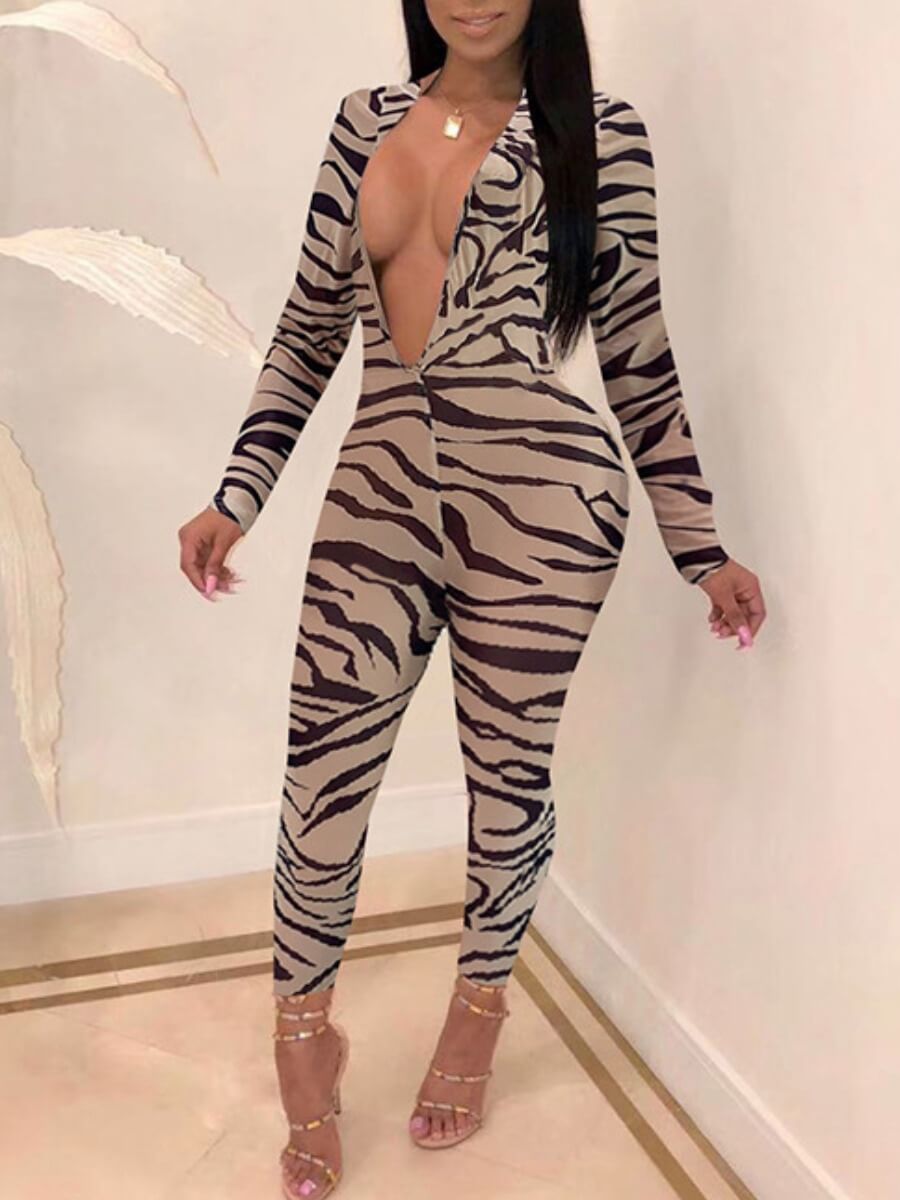 

Lovely Sexy Deep V Neck Zebra Stripe Skinny One-piece Jumpsuit