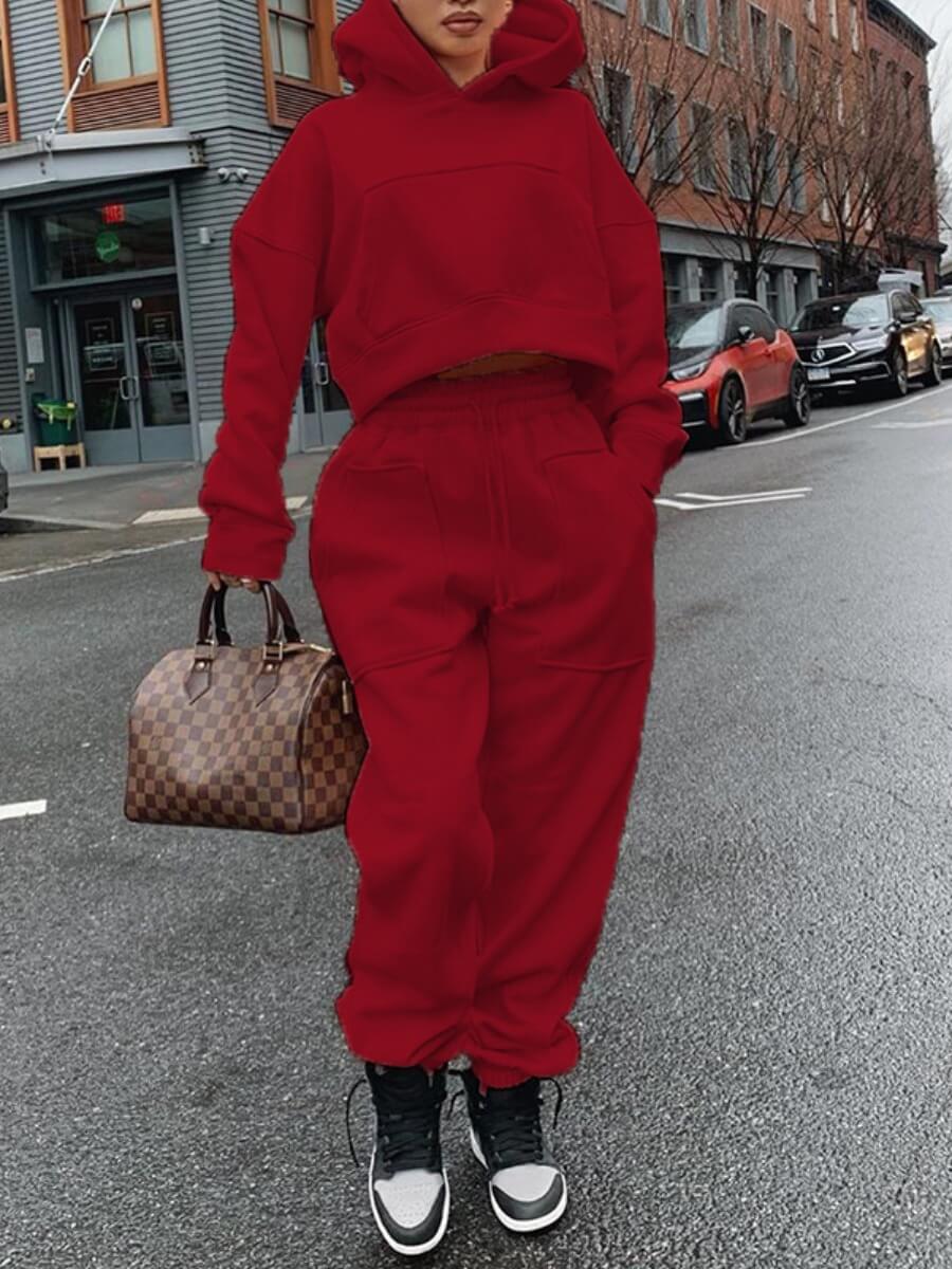 

Lovely Casual Hooded Collar Pocket Patched Loose Wine Red Plus Size Two-piece Pants Set