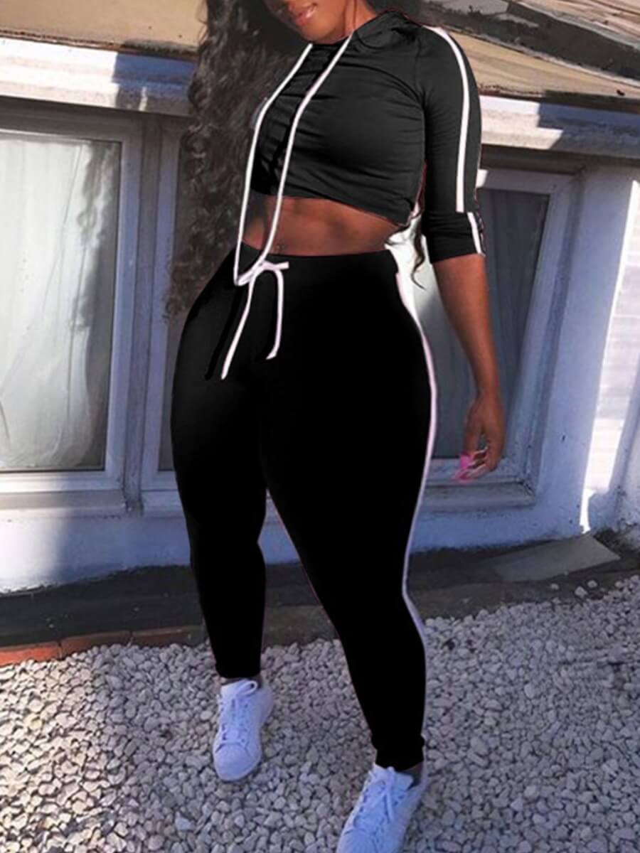 

Lovely Sportswear Hooded Collar Patchwork Black Plus Size Two-piece Pants Set