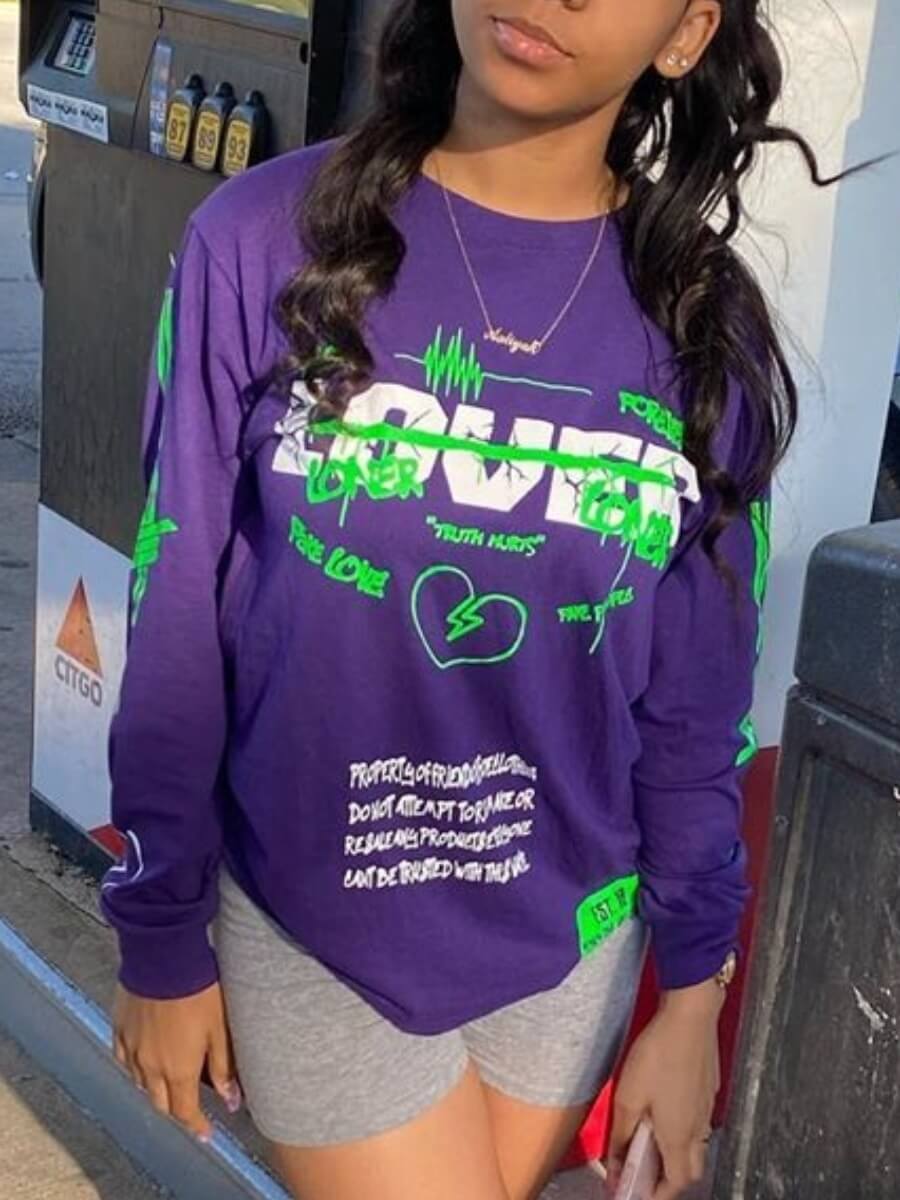 

Lovely Casual O Neck Letter Print Purple Hoodie