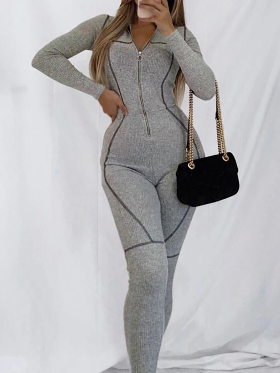 

Lovely Sportswear Patchwork Zipper Design Grey One-piece Jumpsuit