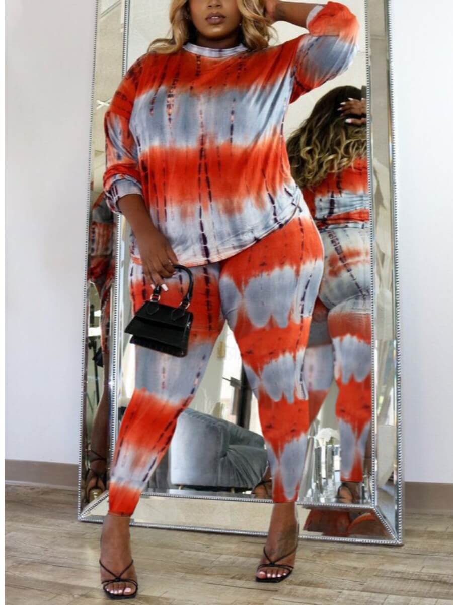 

Lovely Casual O Neck Tie-dye Jacinth Plus Size Two-piece Pants Set