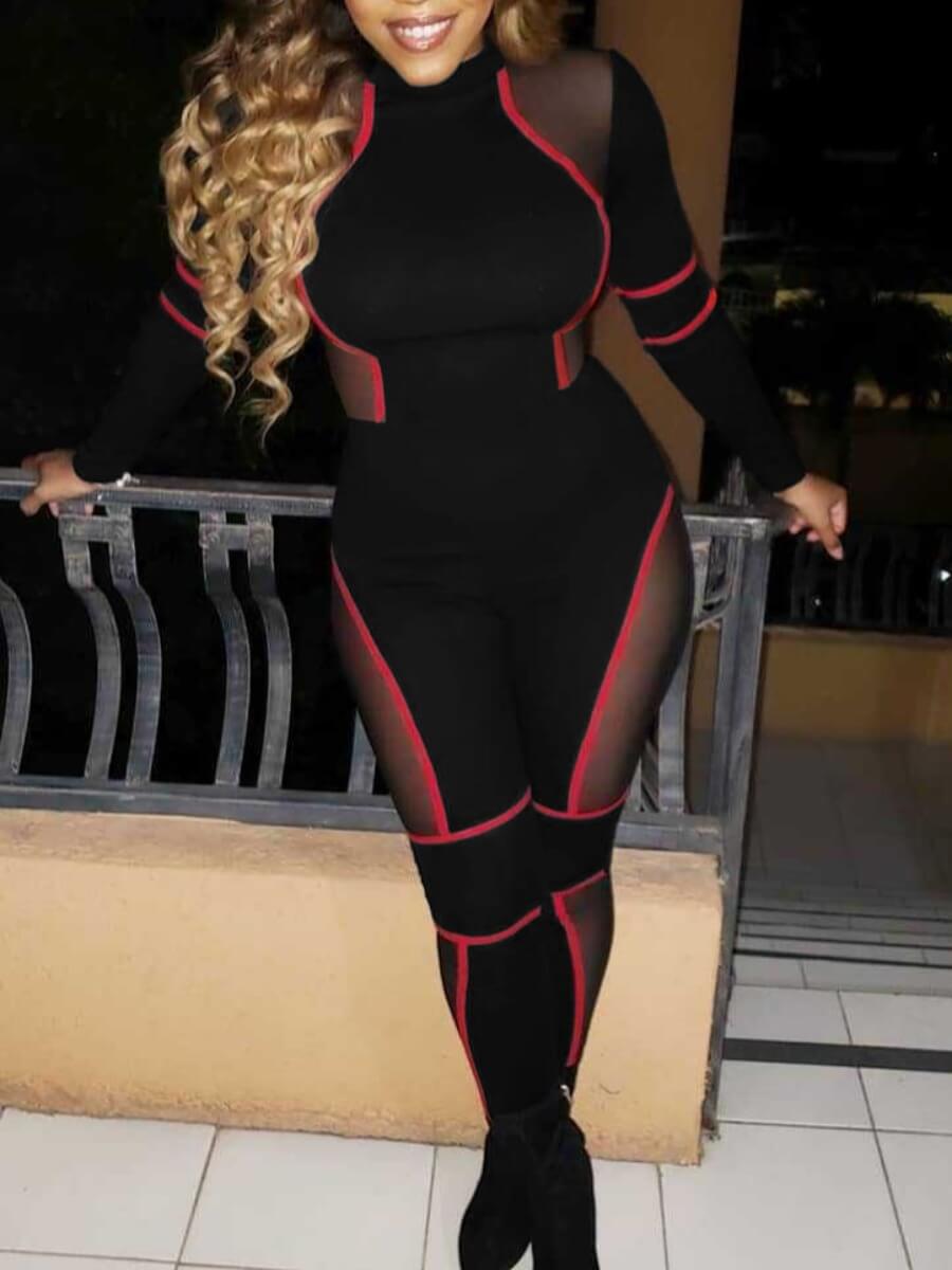 

Lovely Sportswear Patchwork See-through Black One-piece Jumpsuit