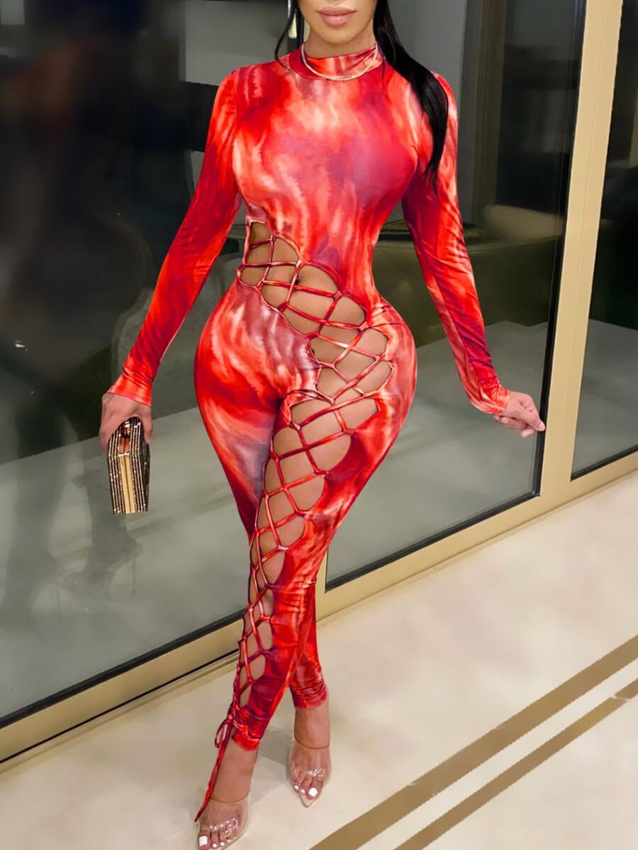 

LW SXY Stylish Tie-dye Bandage Design Red One-piece Jumpsuit