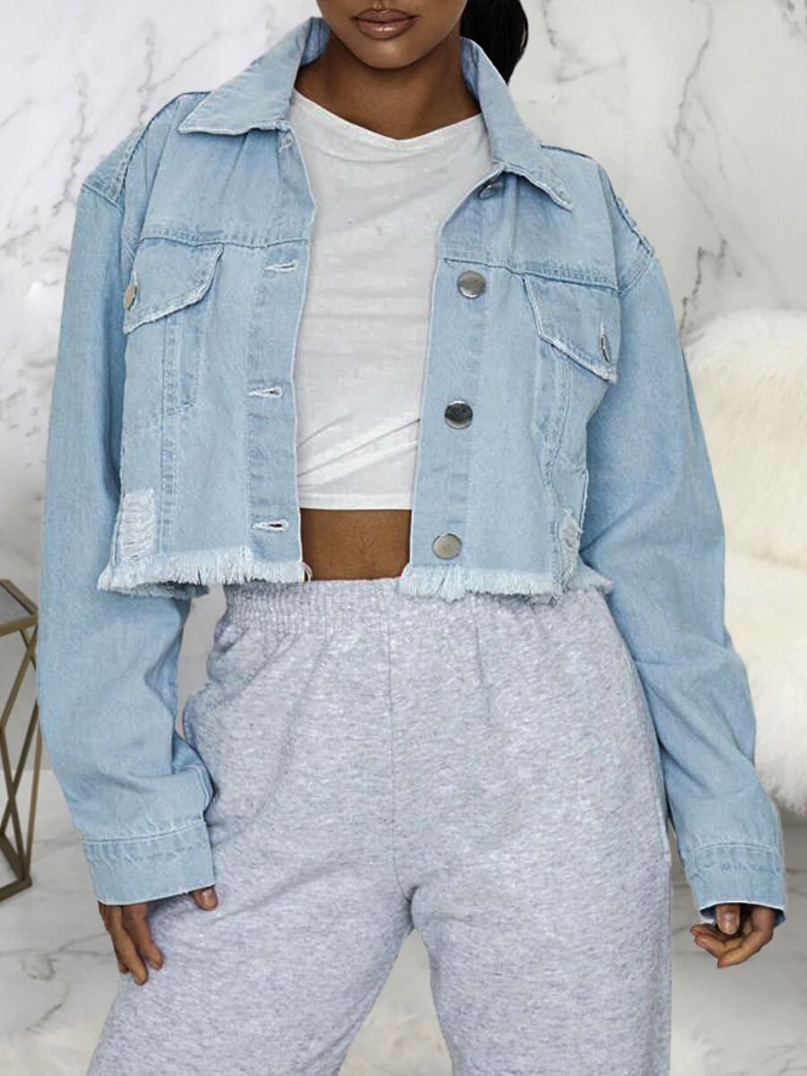 

Lovely Casual Turndown Collar Buttons Design Blue Denim Jacket