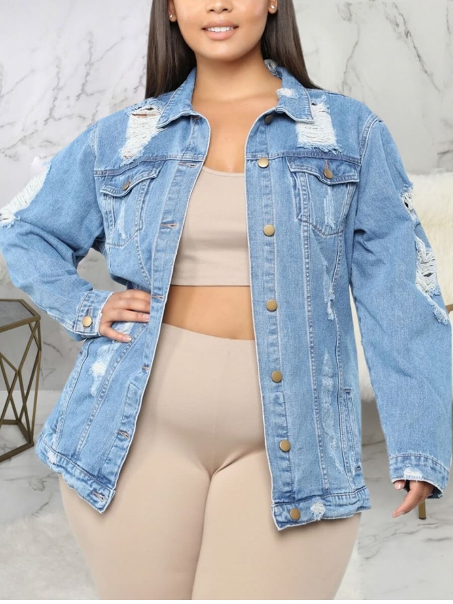 

Lovely Street Turndown Collar Broken Holes Baby Blue Denim Jacket