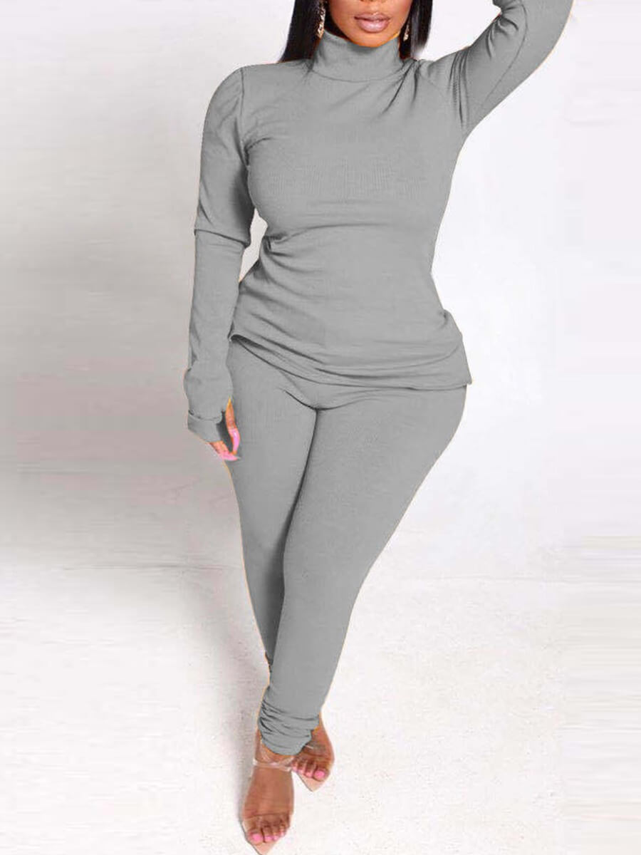 

Lovely Leisure Turtleneck Basic Skinny Grey Two Piece Pants Set