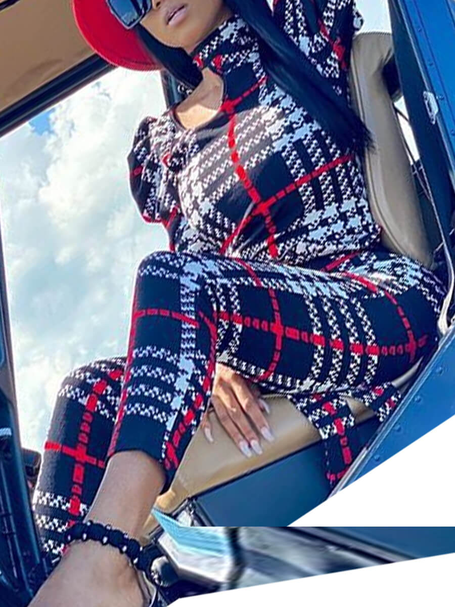 

Lovely Stylish Grid Print Hollow-out Red One-piece Jumpsuit