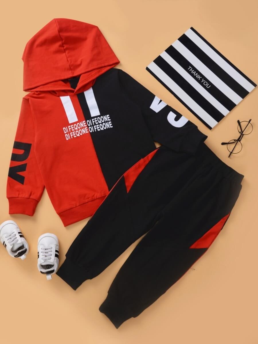 

Lovely Sportswear Turndown Collar Letter Print Patchwork Bright Red Boy Two-piece Pants Set